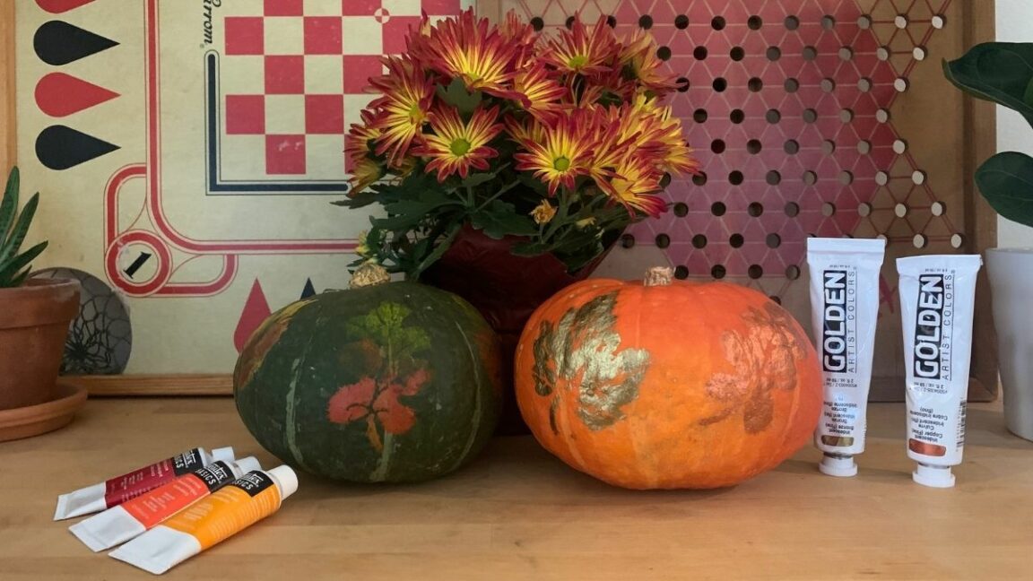Use stencils and paint to create these GOURDgeous pumpkins!